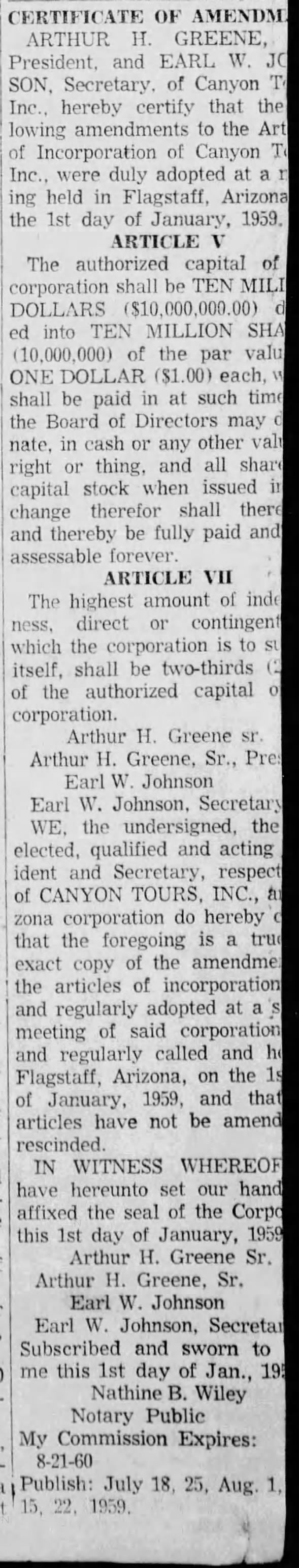 July 18, 1959 Certificate of Amendment to the Articles of Incorporation of Canyon Tours Inc.